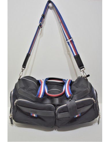 LANCEL, Superbe Sac week-end avec bandoulière, en toile et cuir noir, anses tricolor 2024